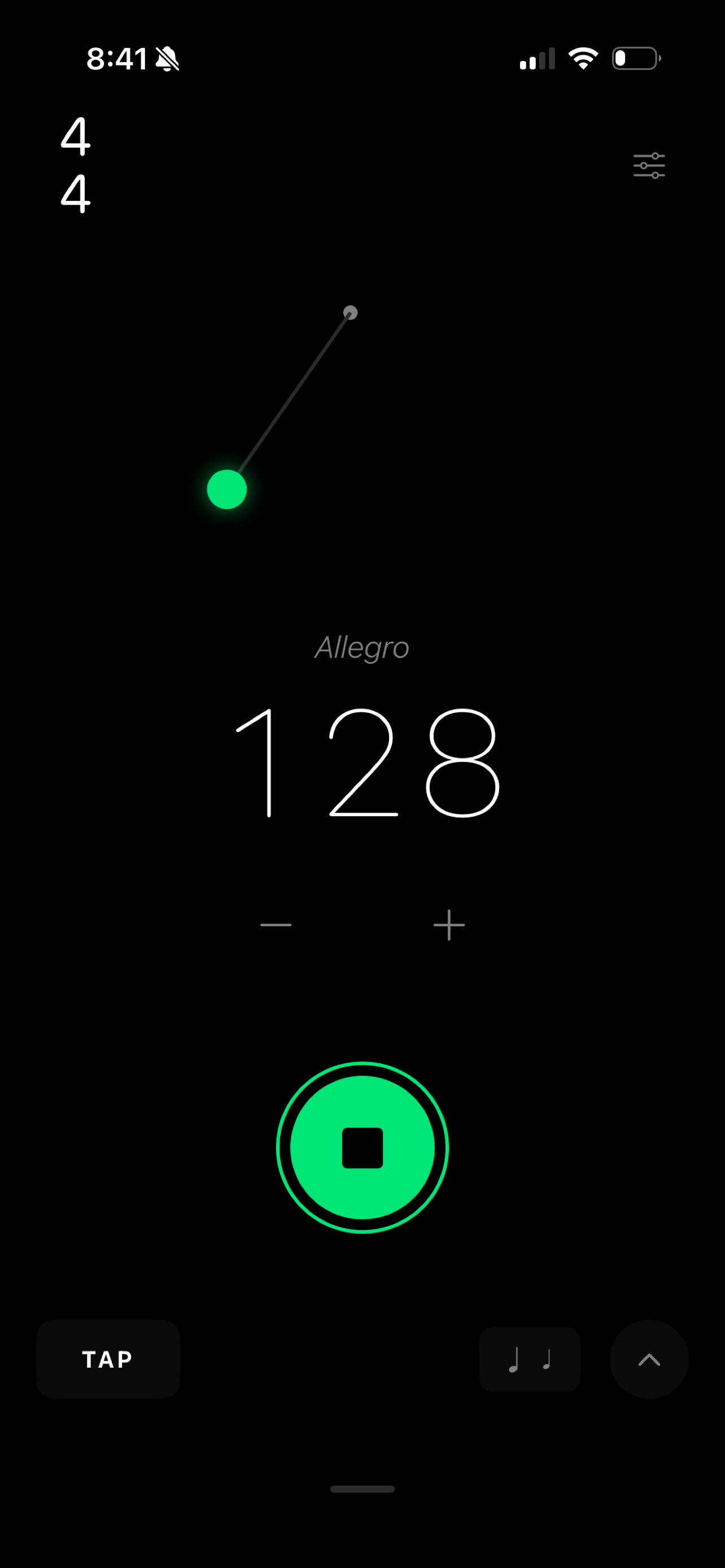 Metronome app screen showing tempo controls, time signature, and beat indicators